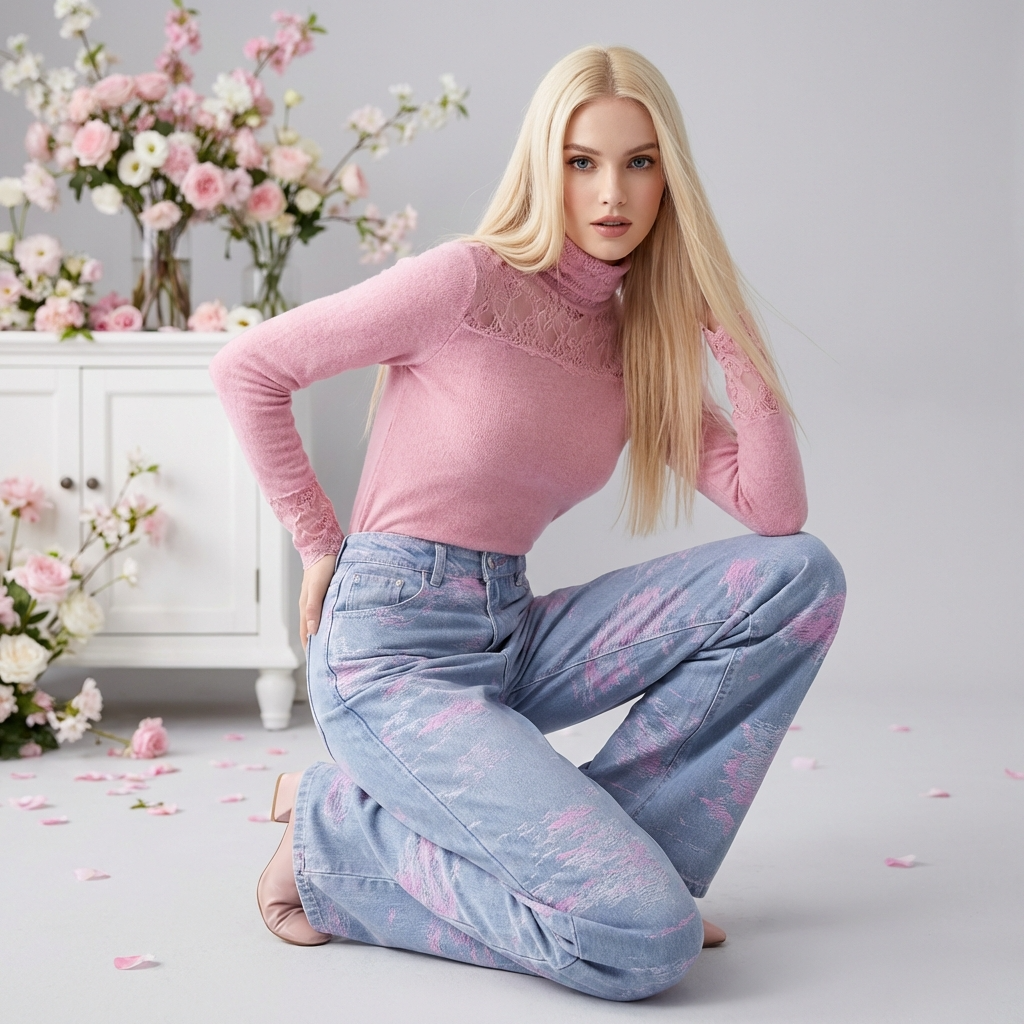 Model wearing Soft Pink Stitch Jeans paired with a pink top, surrounded by flowers for a stylish look.