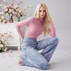 Model wearing Soft Pink Stitch Jeans paired with a pink top, surrounded by flowers for a stylish look.