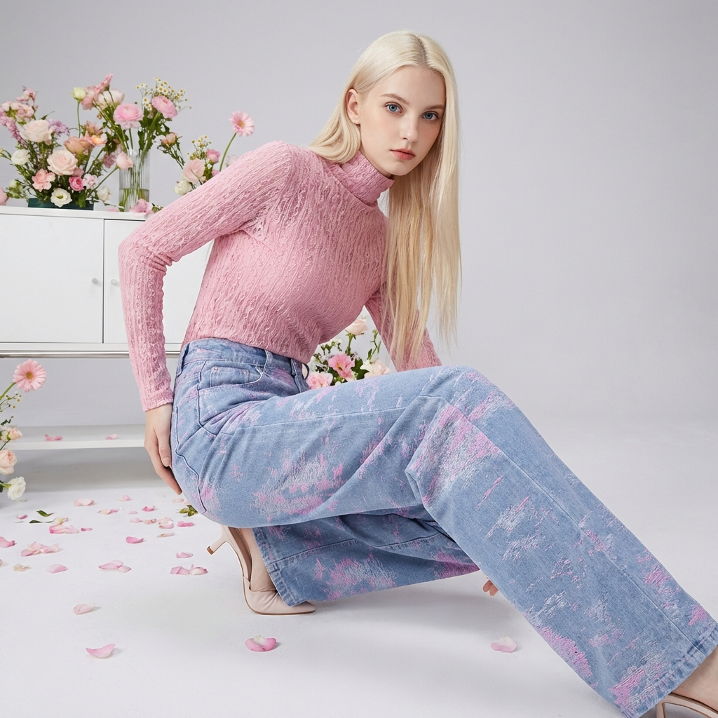 Model wearing Soft Pink Stitch Jeans paired with a matching pink top in a floral setup