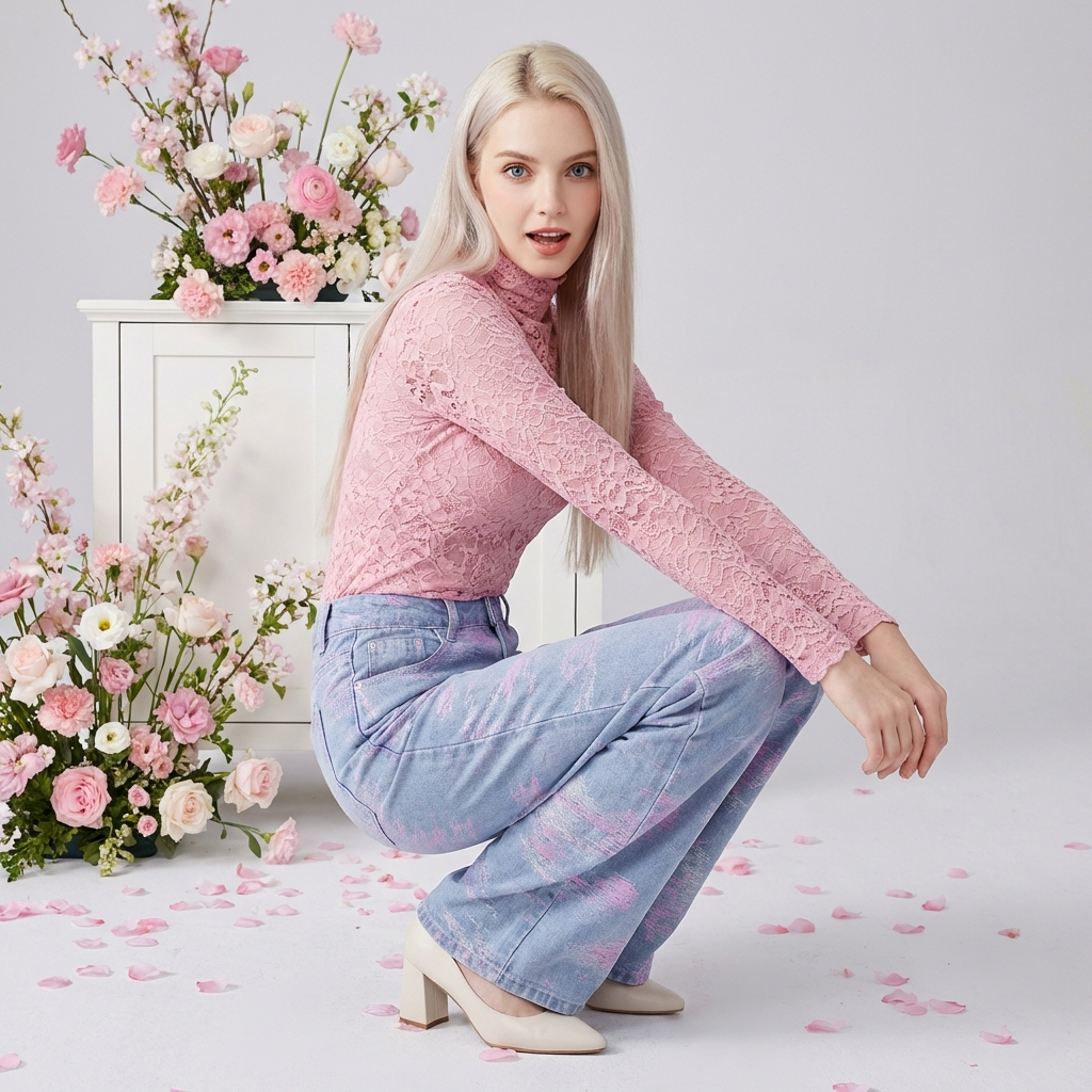 Model wearing Soft Pink Stitch Jeans paired with a pink lace top, surrounded by floral decorations