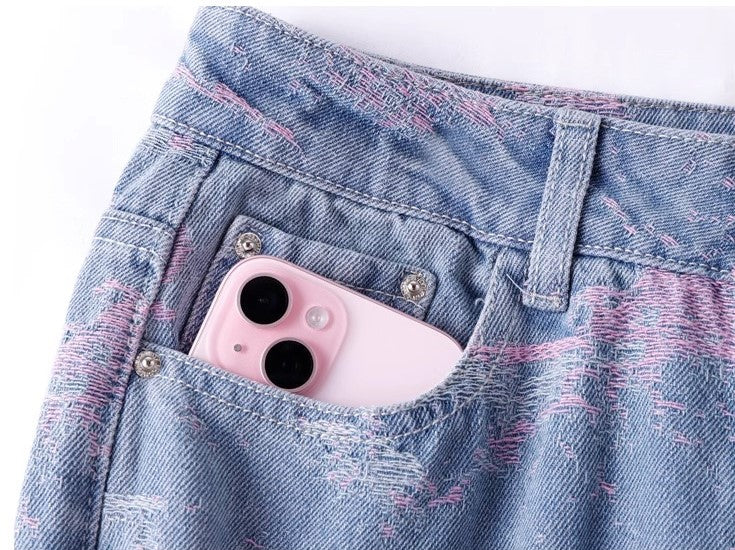 Soft Pink Stitch Jeans with Distressed Detail and Phone Pocket for Casual Style