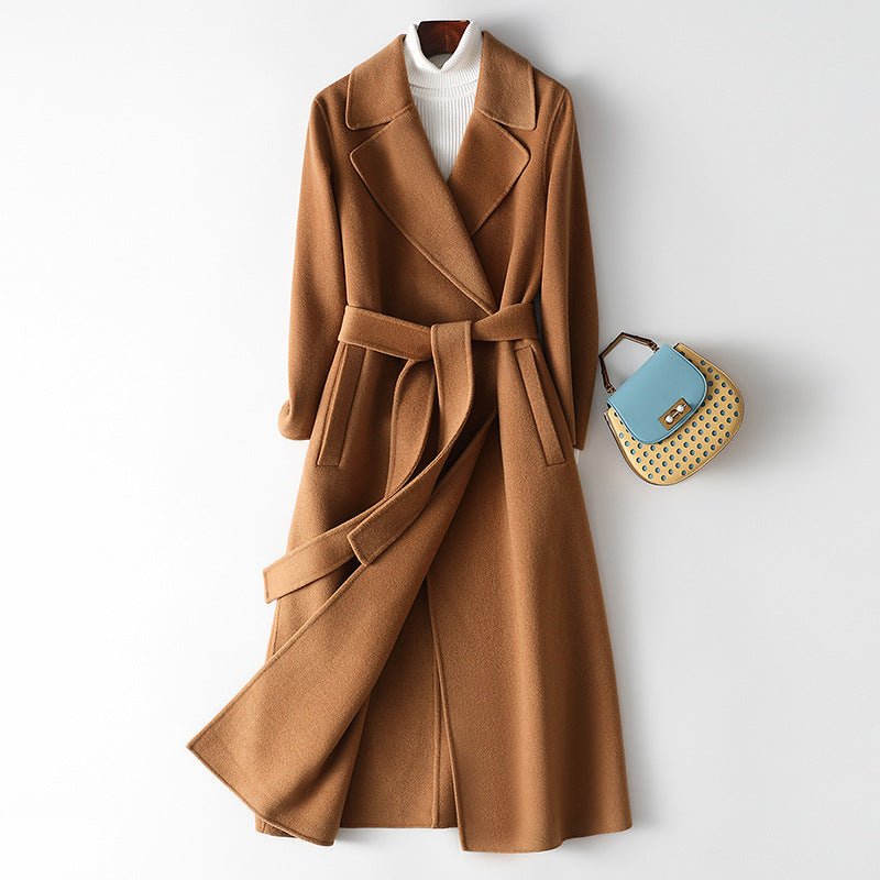 AM Vision RO Sophisticated Wool Coat in Camel with Belted Waist and Stylish Design