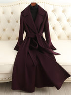 Elegant Burgundy Sophisticated Wool Coat with Belted Waist and Stylish Design