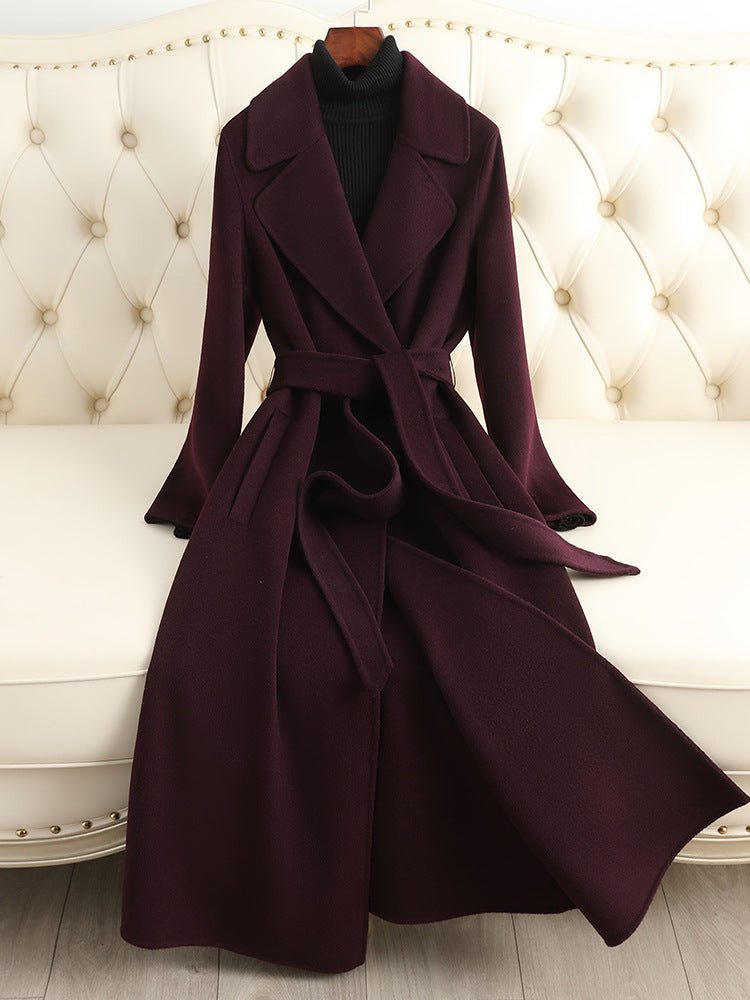 Elegant Burgundy Sophisticated Wool Coat with Belted Waist and Stylish Design