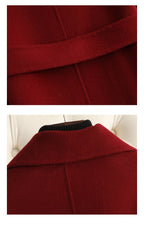 Close-up of a Sophisticated Wool Coat in rich red with a stylish collar and clean stitching details
