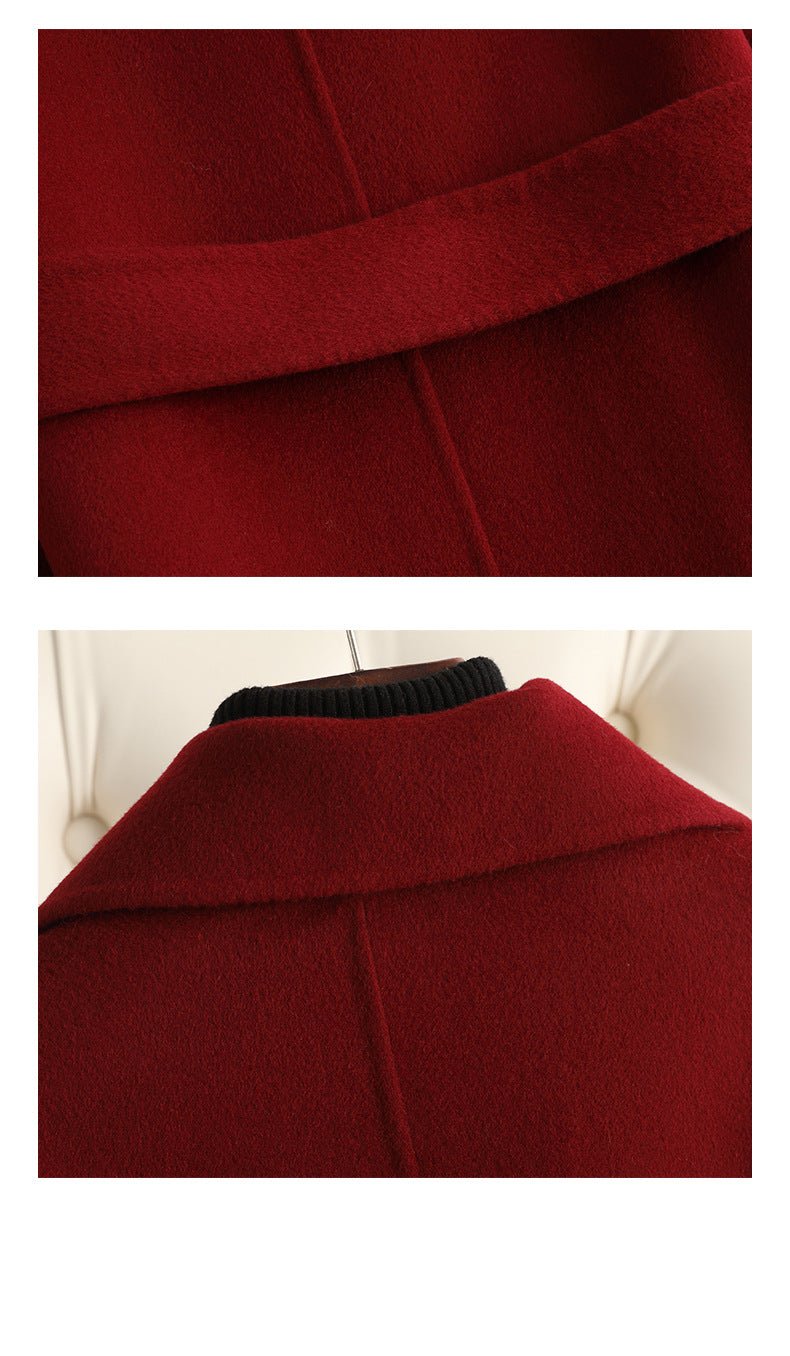 Close-up of a Sophisticated Wool Coat in rich red with a stylish collar and clean stitching details