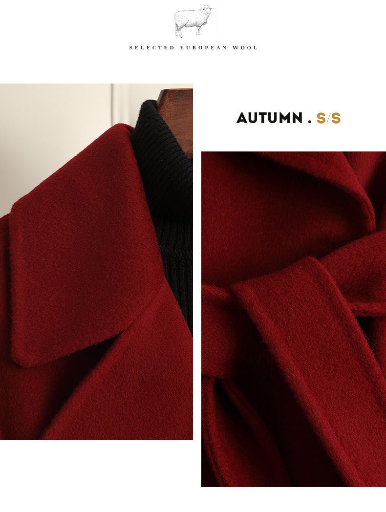 Elegant red Sophisticated Wool Coat with a classic collar and stylish belt detail
