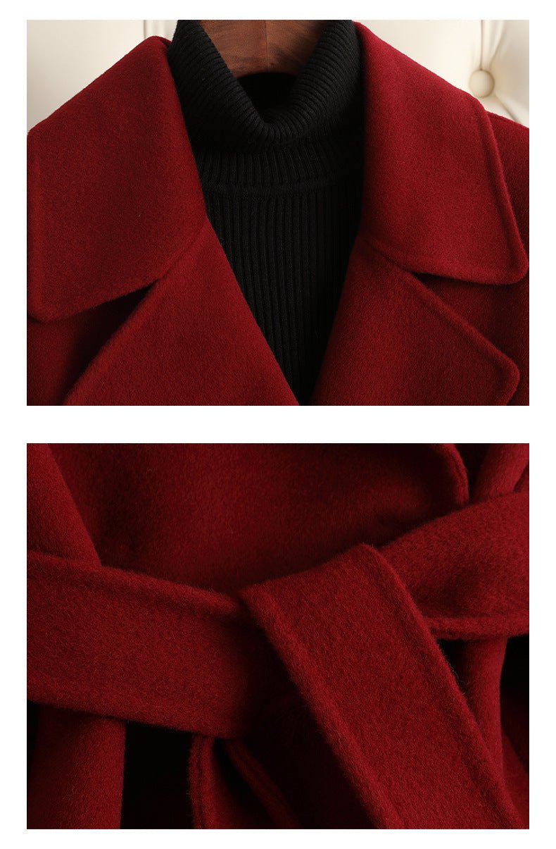 Elegant red Sophisticated Wool Coat featuring a wide collar and belted waist for a chic look