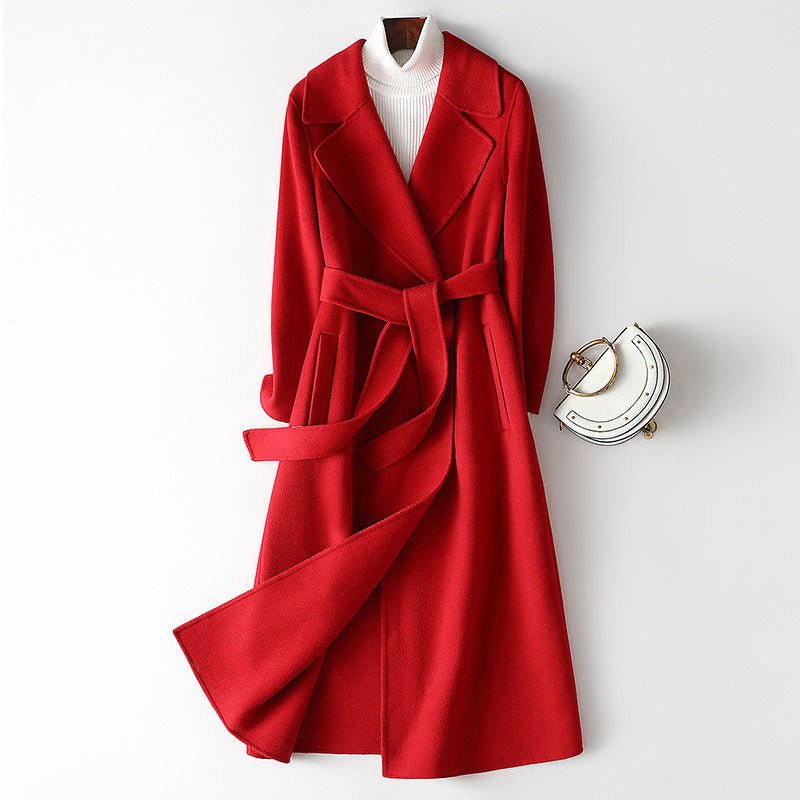 Sophisticated Wool Coat in vibrant red with a belted waist and elegant lapels for stylish winter wear