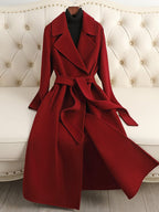 Elegant red Sophisticated Wool Coat with a belted waist and lapel collar for stylish winter wear