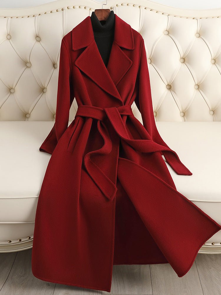 Elegant red Sophisticated Wool Coat with a belted waist and lapel collar for stylish winter wear
