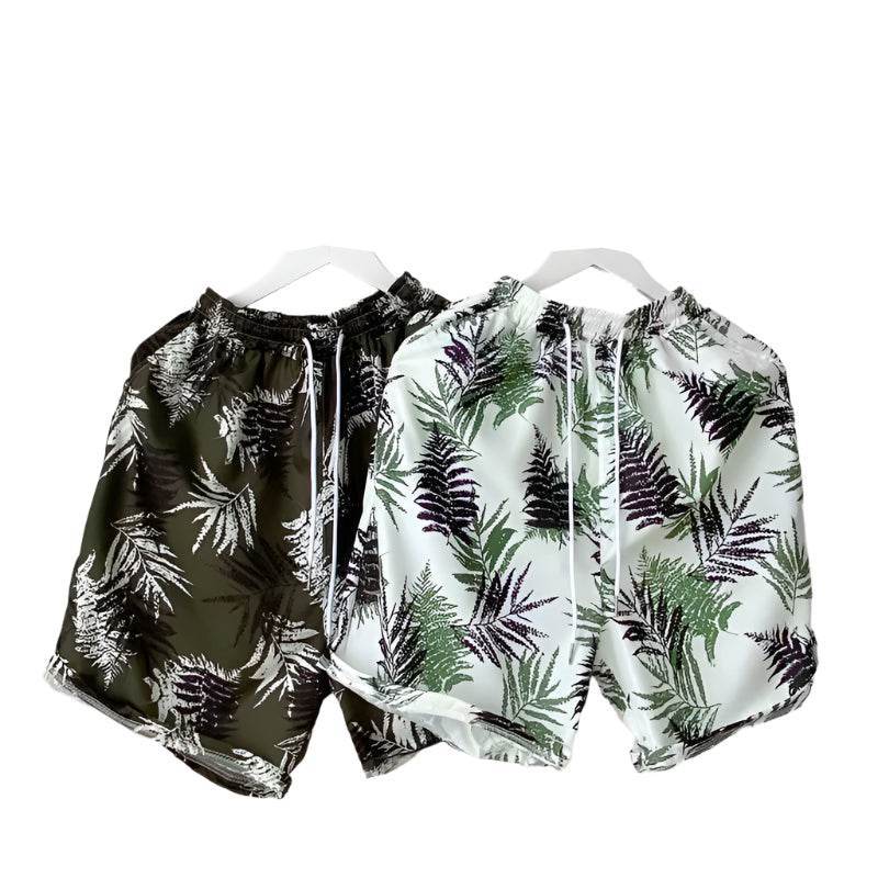 Șort de plaja pentru bărbați cu imprimeu tropical verde și alb, model comod și modern