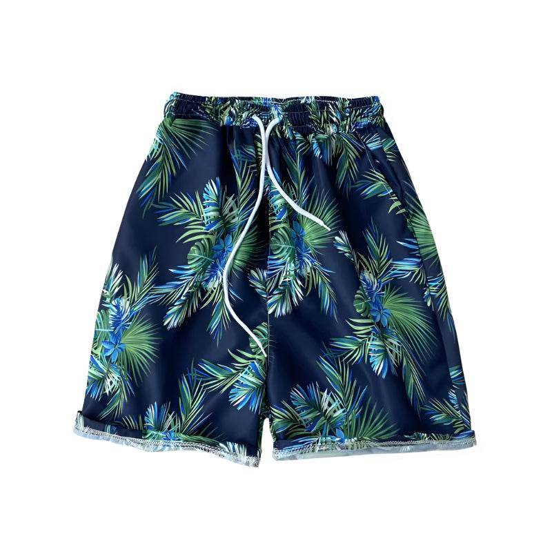 Șort de plaja pentru bărbați cu imprimeu tropical albastru verde și cordon alb ajustabil