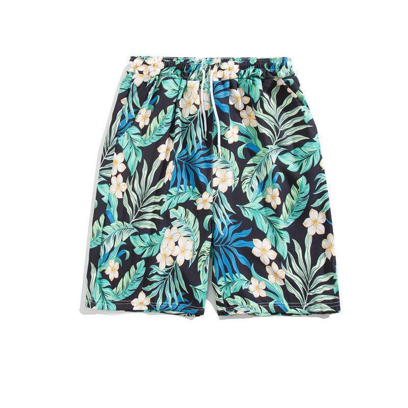 Șort de plaja pentru bărbați cu imprimeu tropical floral și frunze în culori verzi și albastre