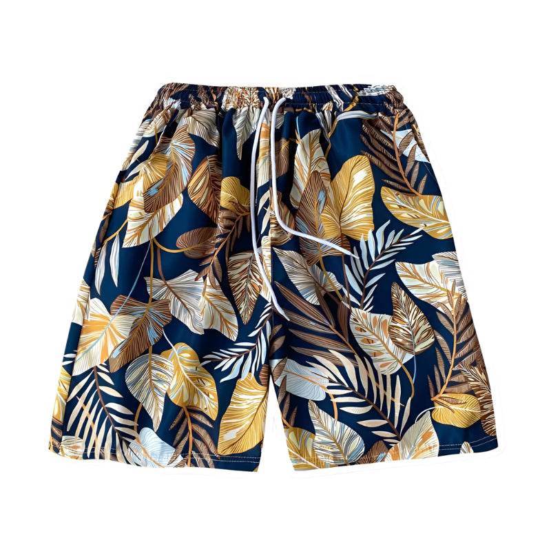 Șort de plaja pentru bărbați cu imprimeu frunze tropicale colorate pe fundal bleumarin