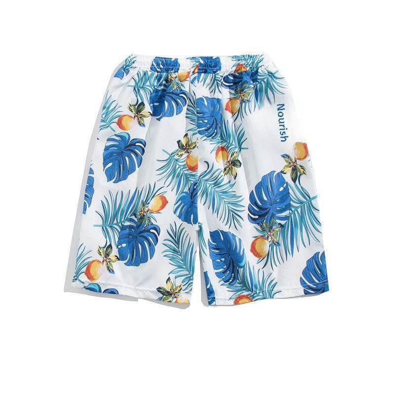 Șort de plaja pentru bărbați alb cu imprimeu tropical frunze albastre și fructe portocalii