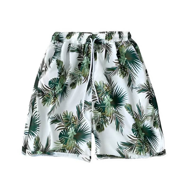 Șort de plaja pentru bărbați cu model tropical verde și alb, elastic și șnur reglabil