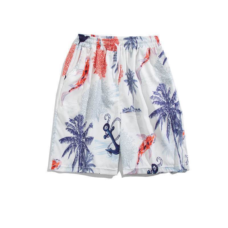 Șort de plaja pentru bărbați cu imprimeu tropical colorat cu palmieri și ancore pe fundal alb