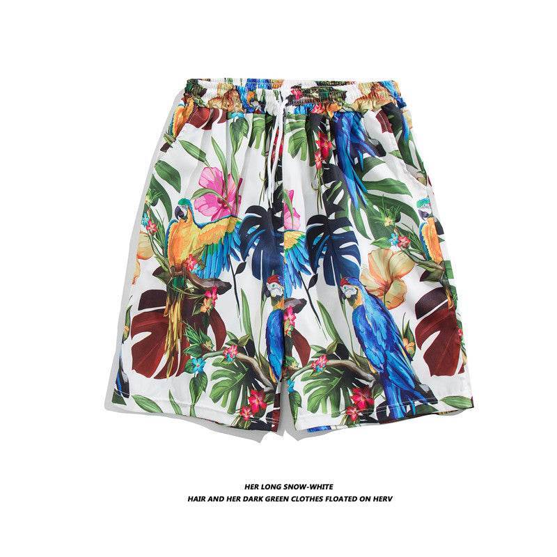 Șort de plaja pentru bărbați cu imprimeu colorat tropical și papagali pe fond alb