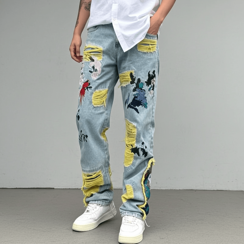 AM Vision RO Straight Fit Jeans with Artistic Design featuring unique embroidery and distressed details