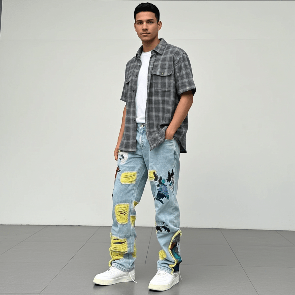 Stylish model wearing Straight Fit Jeans with Artistic Design paired with a casual plaid shirt