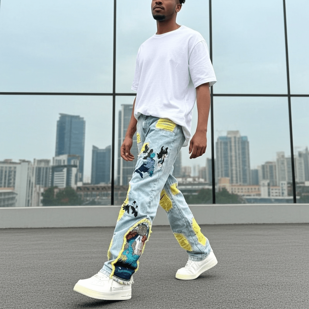 Man wearing Straight Fit Jeans with Artistic Design, walking in an urban setting against a city skyline