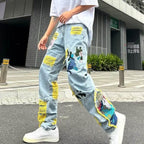 Trendy Straight Fit Jeans with Artistic Design featuring colorful patches and distressed details