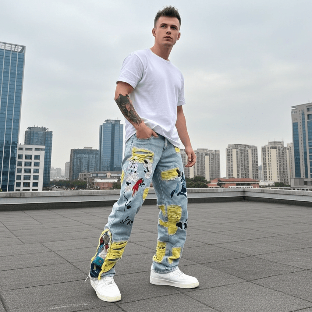 Stylish male model wearing Straight Fit Jeans with Artistic Design in an urban setting