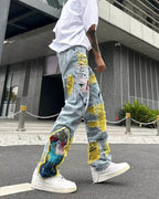 Fashionable Straight Fit Jeans with Artistic Design featuring colorful patches and distressed details