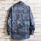 Back view of  streetwear designer shirt with abstract art pattern on a stylish fabric