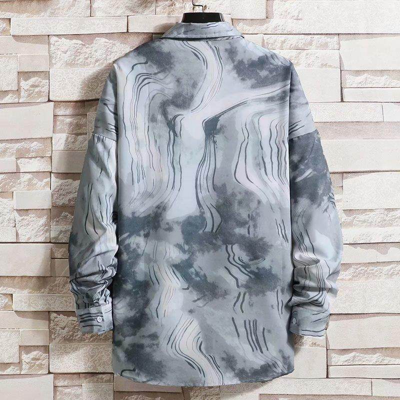 Gray Marble Pattern Streetwear Designer Shirt with Long Sleeves and Classic Fit