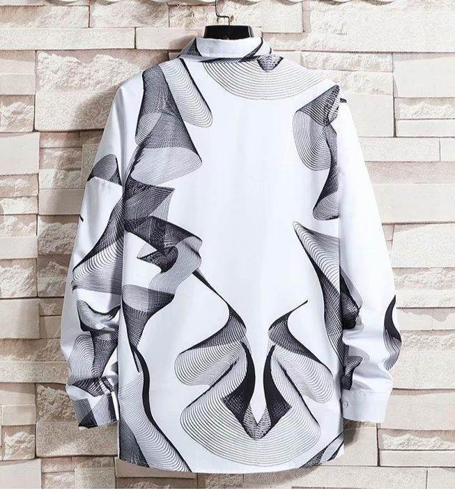  streetwear designer shirt featuring abstract black and white wave patterns on a stylish white background