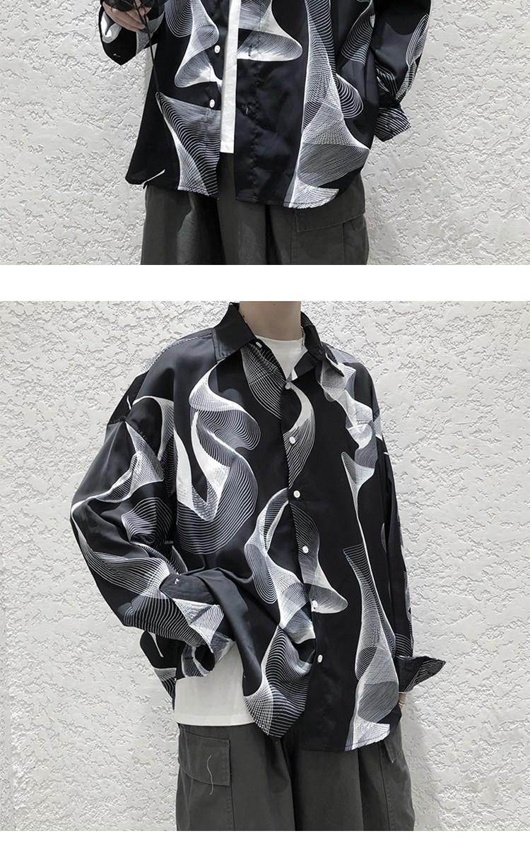 Black Streetwear Designer Shirt with Abstract White Patterns and Relaxed Fit
