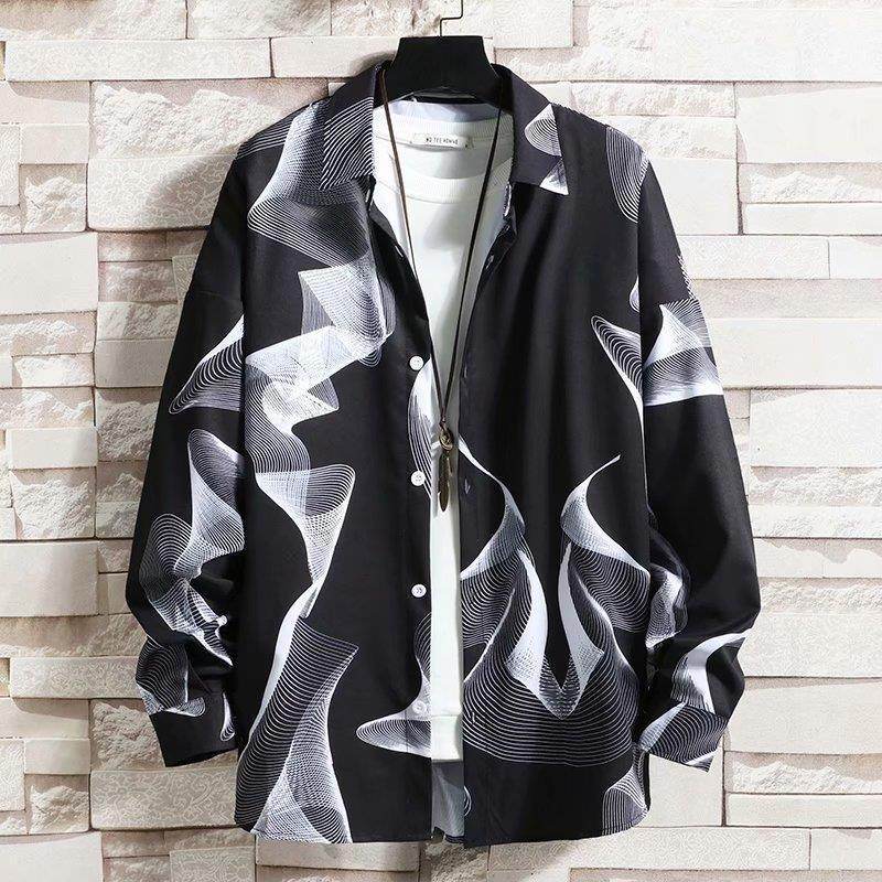  Streetwear Designer Shirt with Abstract White Wave Patterns on a Black Background