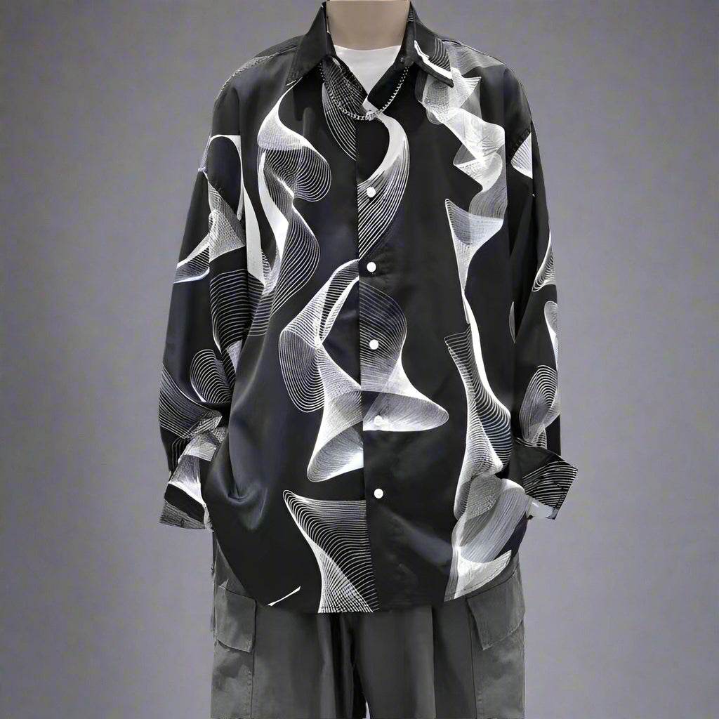  Black Streetwear Designer Shirt with Abstract White Wave Patterns for Modern Style
