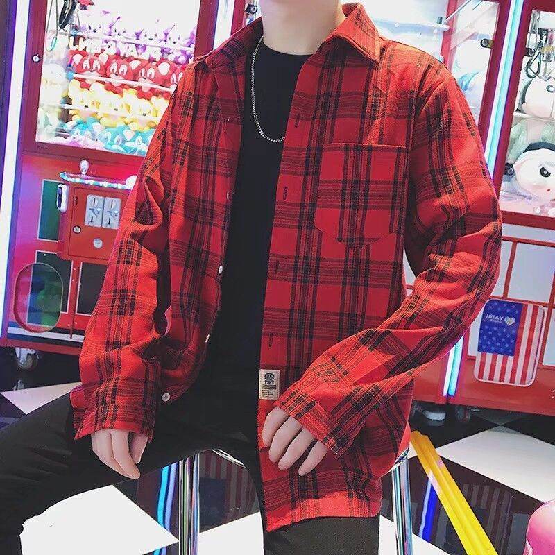  Red Plaid Streetwear Designer Shirt with Long Sleeves and Chest Pocket