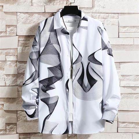 Streetwear Designer Shirt with Artistic Black and White Wave Patterns on White Fabric