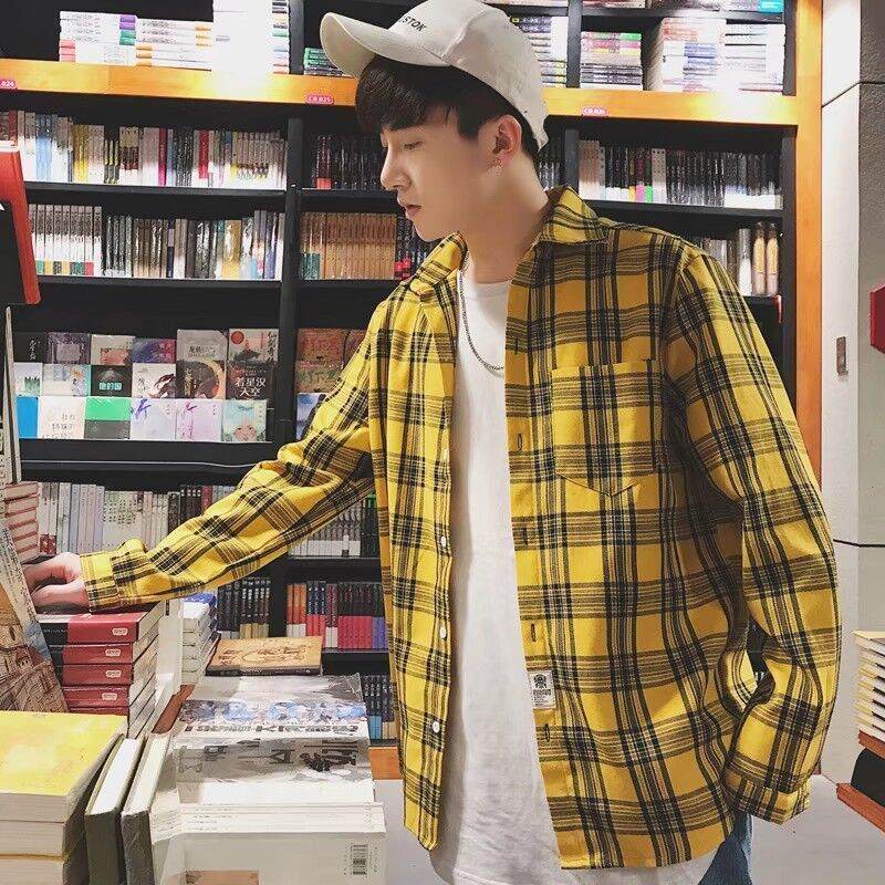 Stylish streetwear designer shirt in yellow plaid pattern, perfect for casual outings