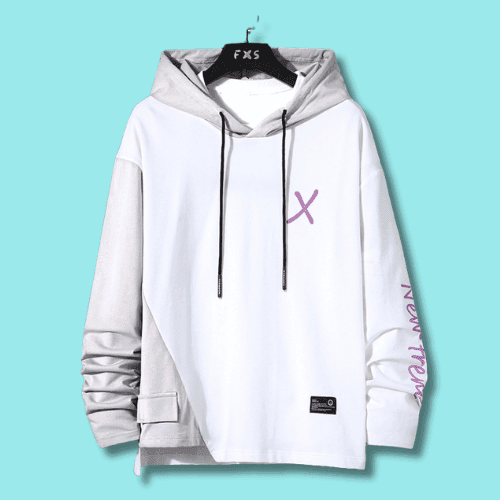 Hanorac gri si alb pentru barbati cu imprimeu violet si gluga din imbracaminte streetwear