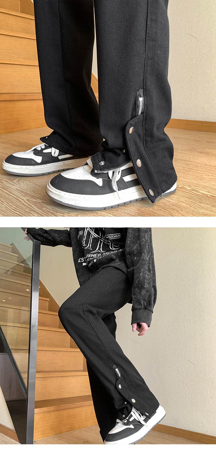 Jeans cu capse la picior negri largi AM Vision RO tiv reglabil cu capse stil urban cu sneakers alb negru