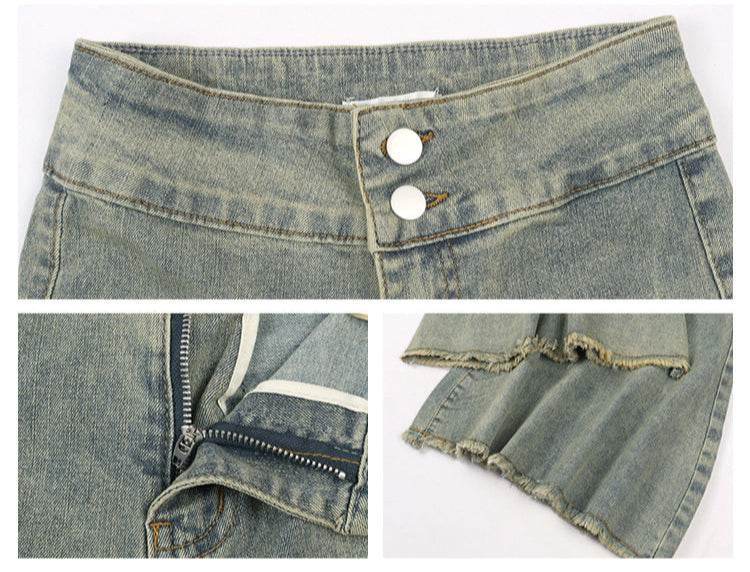 Close-up of My Store stretch flared jeans featuring a button closure and raw hem details