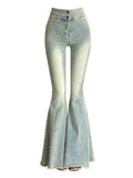 Light wash stretch flared jeans with a high waist and frayed hem for a trendy casual look