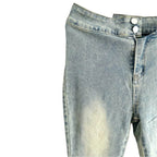 Light blue stretch flared jeans with a high waist and button closure for a stylish look