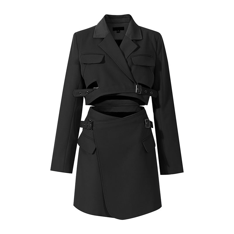AM Vision RO Suit-Style Dress in Black with a modern structured design and adjustable details