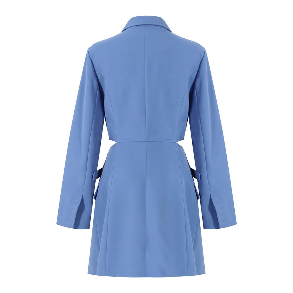 Back view of a stylish blue suit-style dress with a tailored design and side ties