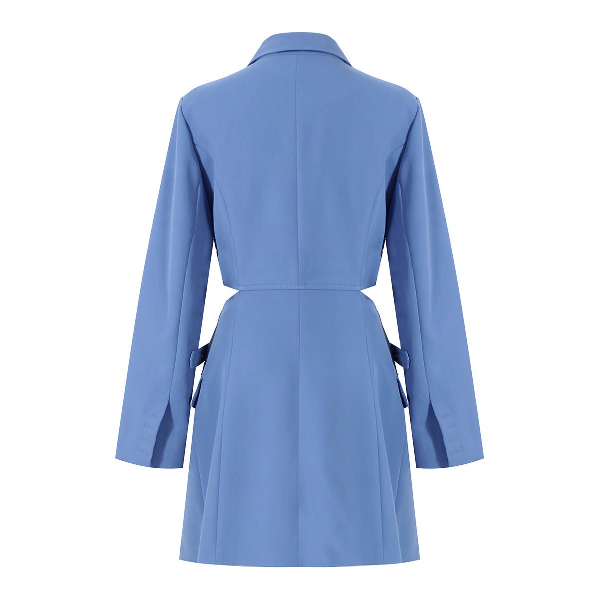 Back view of a stylish blue suit-style dress with a tailored design and side ties
