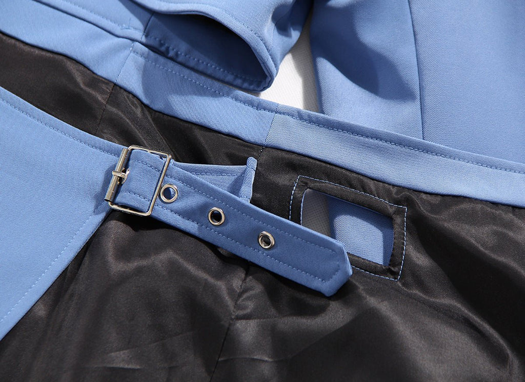 Close-up of AM Vision RO Suit-Style Dress featuring a stylish blue fabric and elegant design details