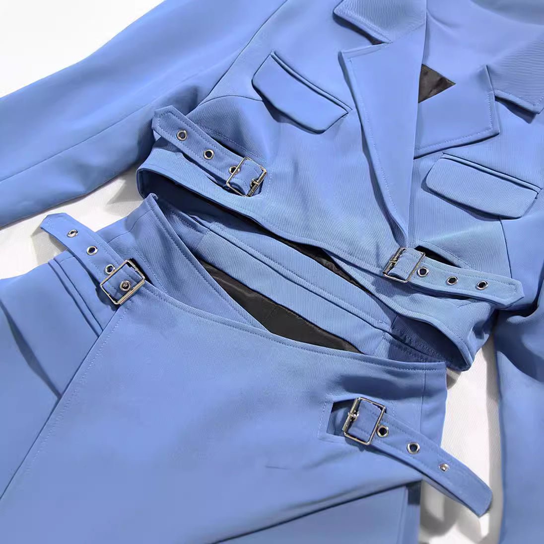 Elegant blue Suit-Style Dress featuring tailored jacket and matching skirt with buckle details