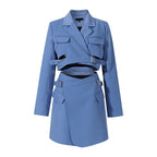 AM Vision RO Blue Suit-Style Dress with Belted Waist and Overlapping Design