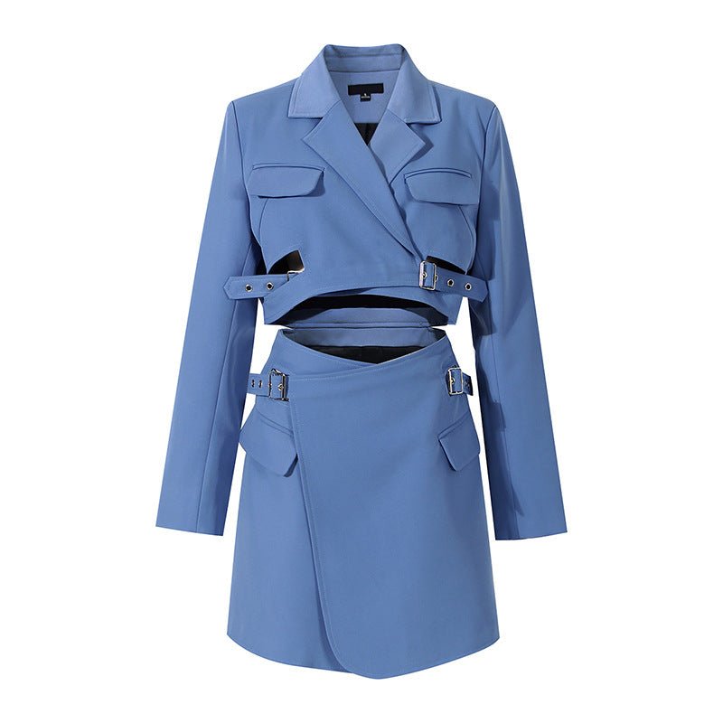 AM Vision RO Blue Suit-Style Dress with Belted Waist and Overlapping Design